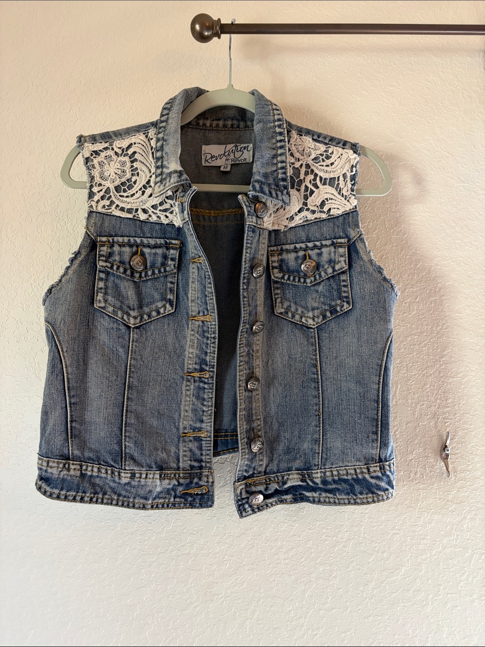 Revolution by Revolt Blue Denim Lace Accent Vest - Size Medium